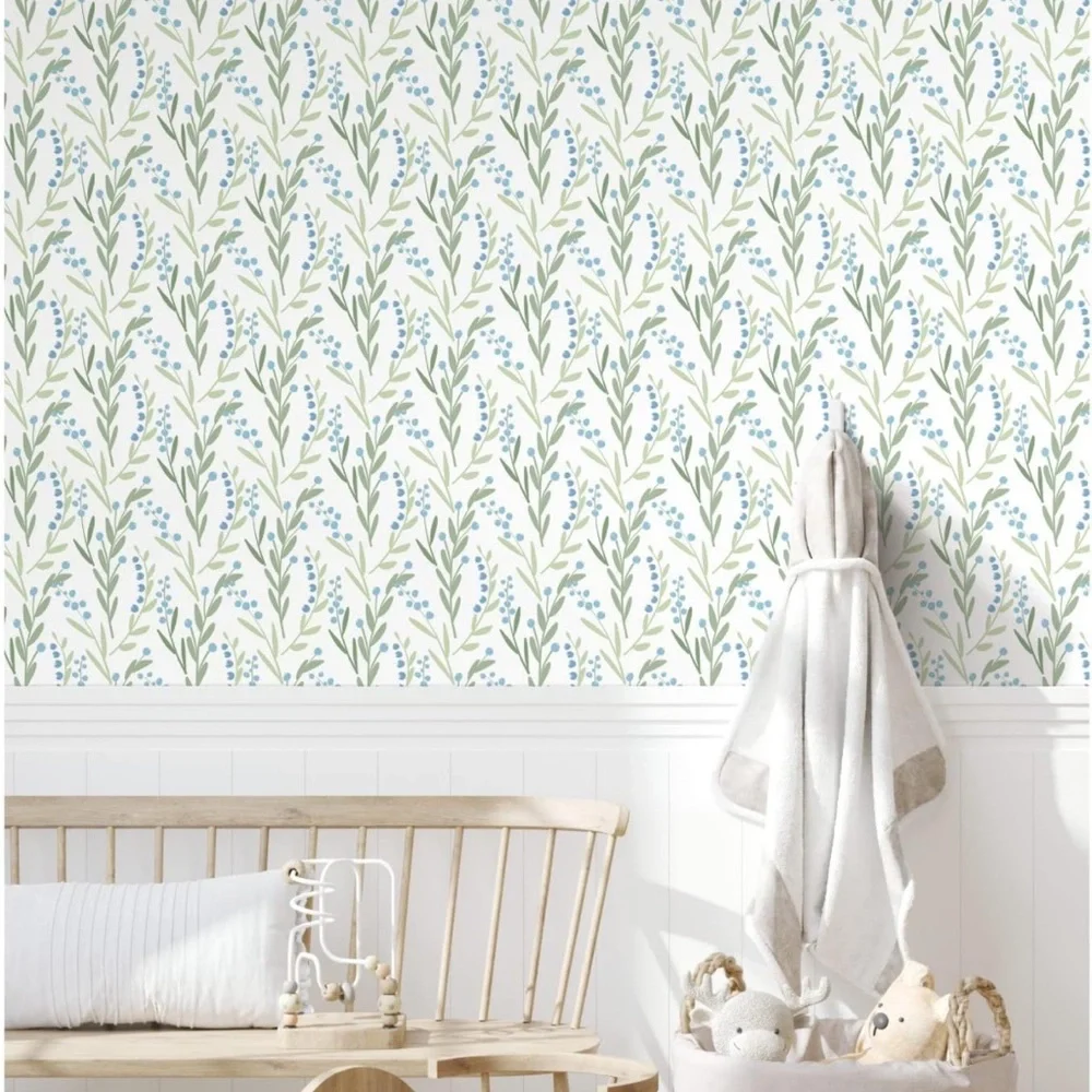 Roommates RMK12168PLW White Budding Branches Peel and Stick Wallpaper Green Blue